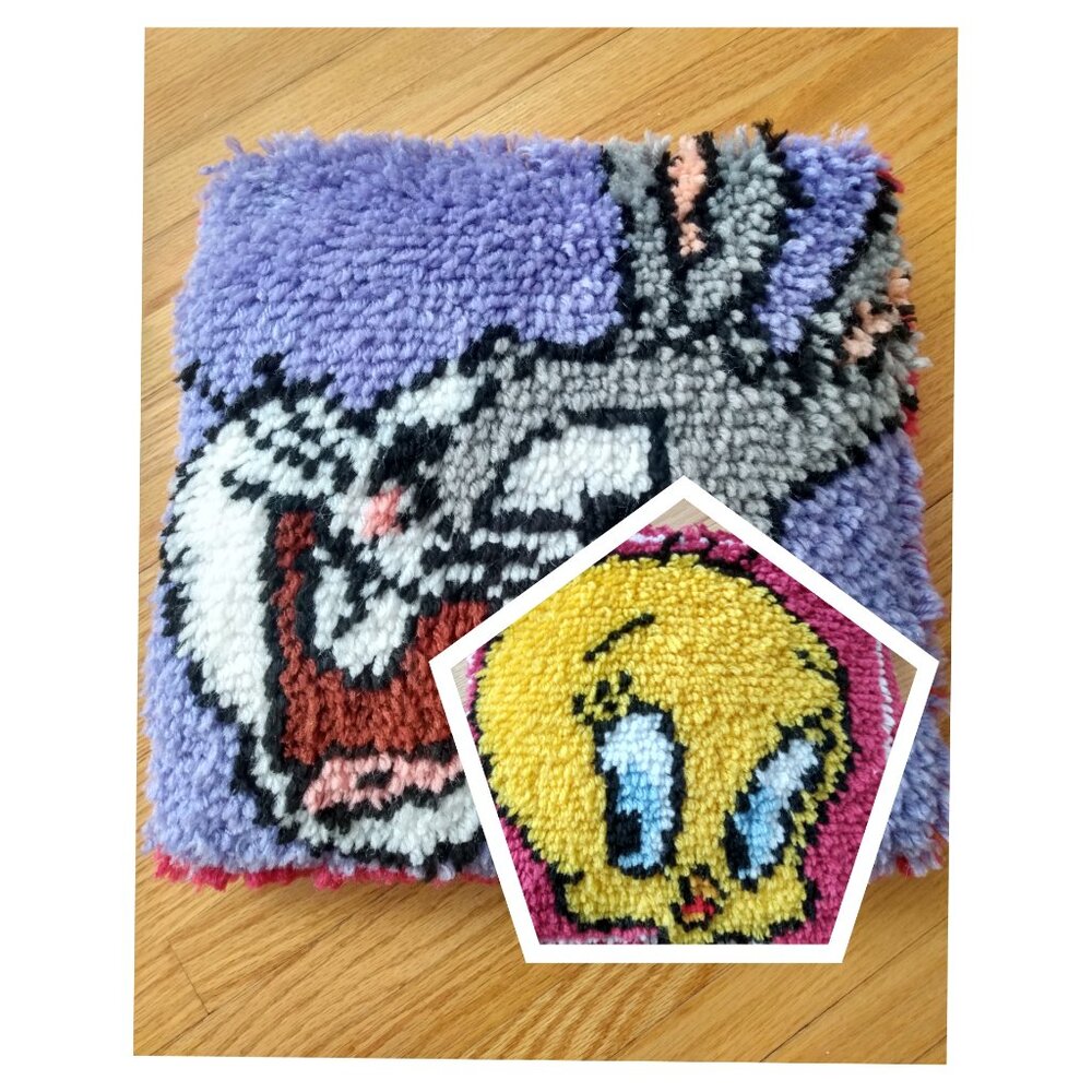 Vintage Tweety Bird and Bugs Bunny Latch Hooked Pillow Girlhoodcore Decor